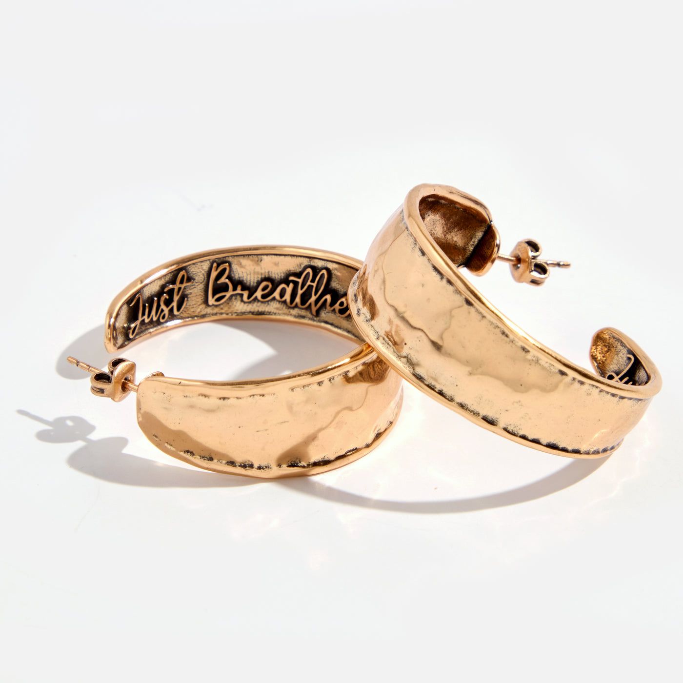 Just Breathe hoops — the message engraved on the inside, where only you see it